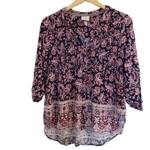 Knox Rose Thistle Floral Print Tunic Hi-Low Smocking Size S Boho
